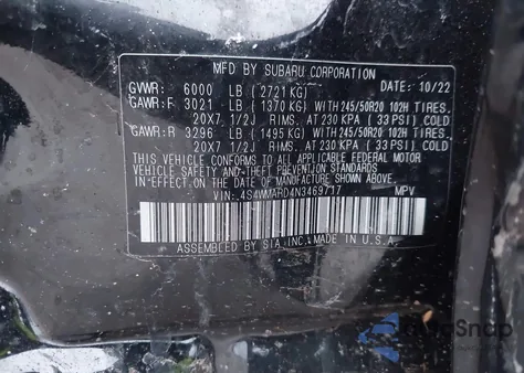 2022 Subaru Ascent Touring z USA, uszkodzony, nr VIN 4S4WMARD4N3469717